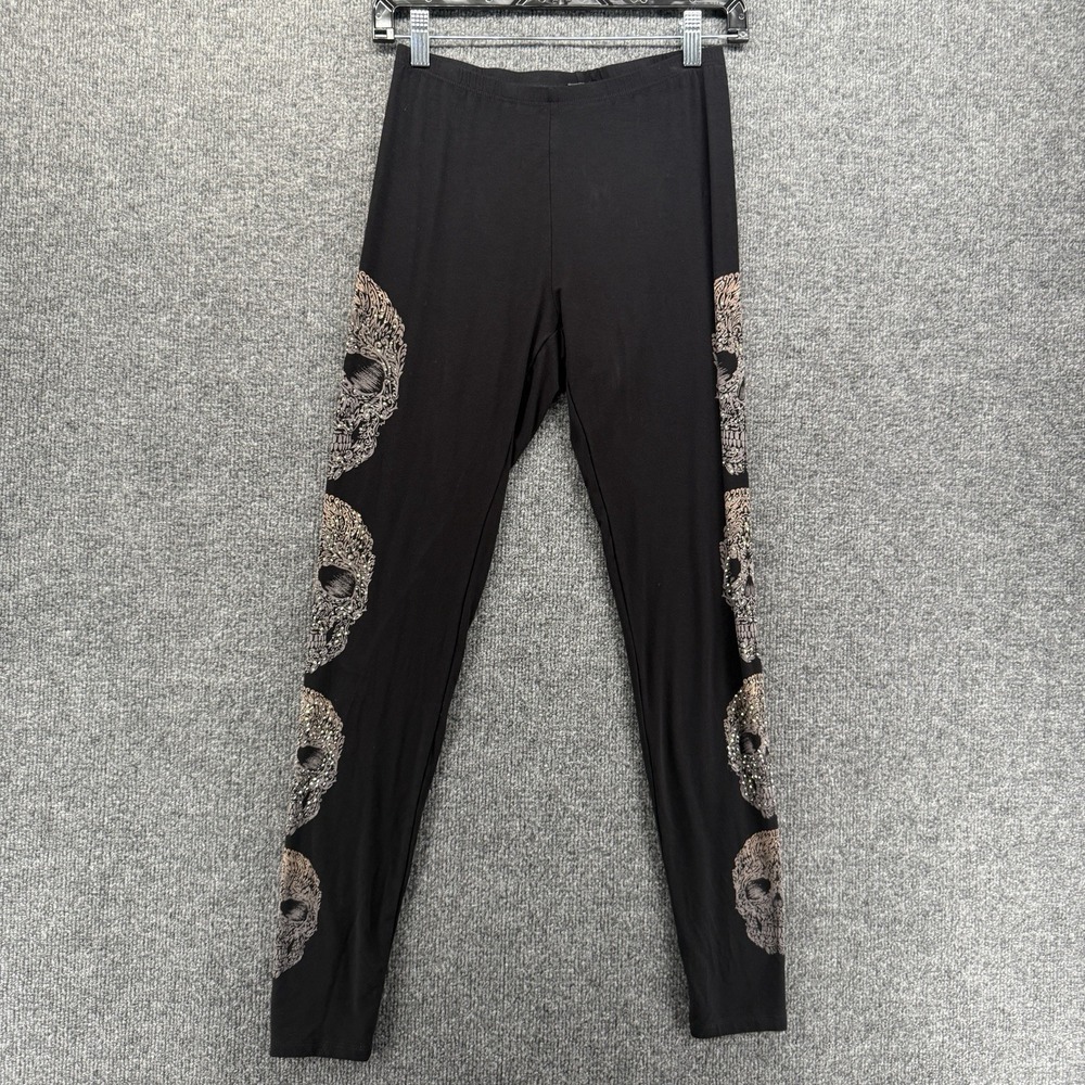 Vocal Leggings Womens S Black Graphic Skull Rhinestone Pull On Goth Grunge Biker